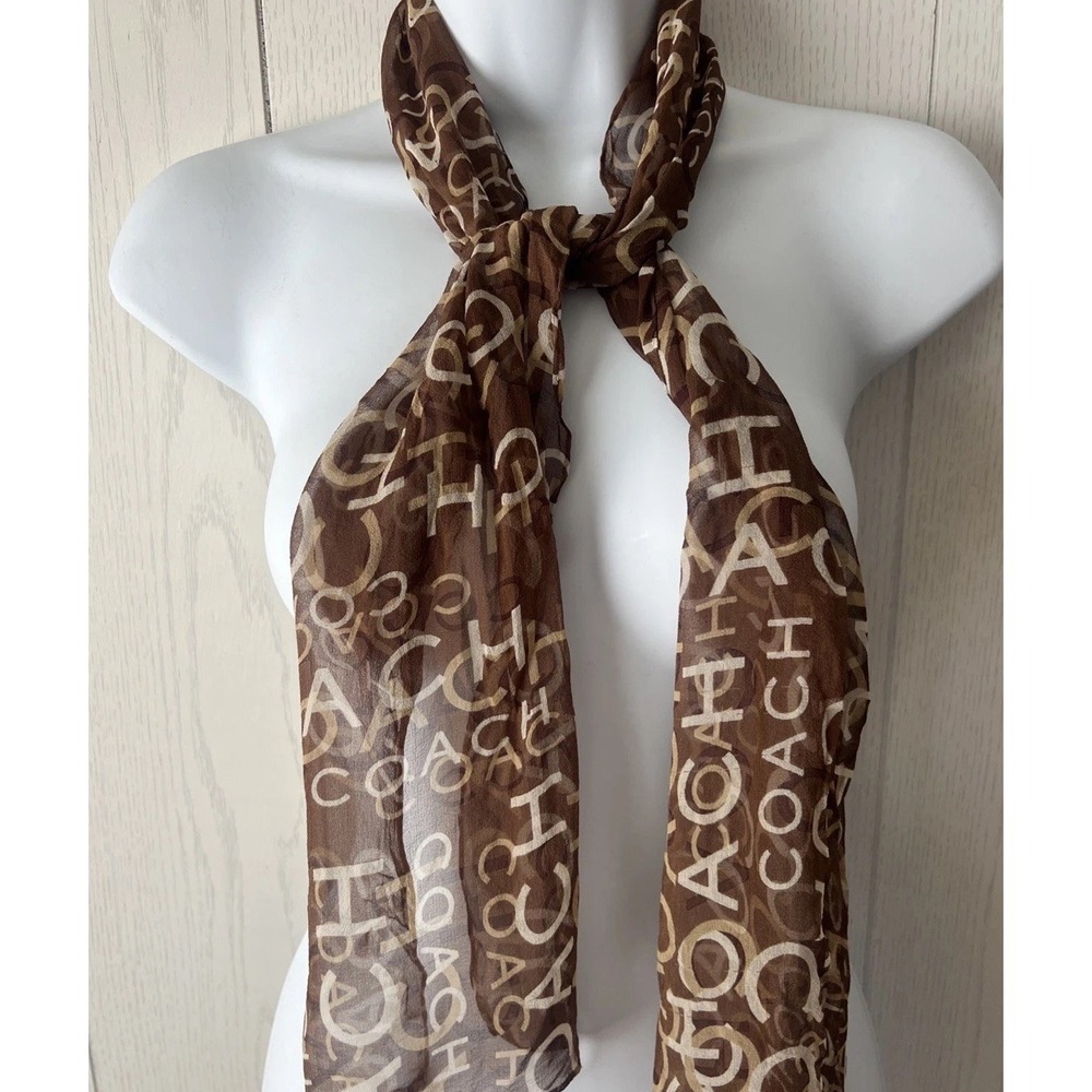 Vintage COACH 100% Silk Scarf Signature AOP Spellout Tan Brown Gold Y2K 9.5" 56"
